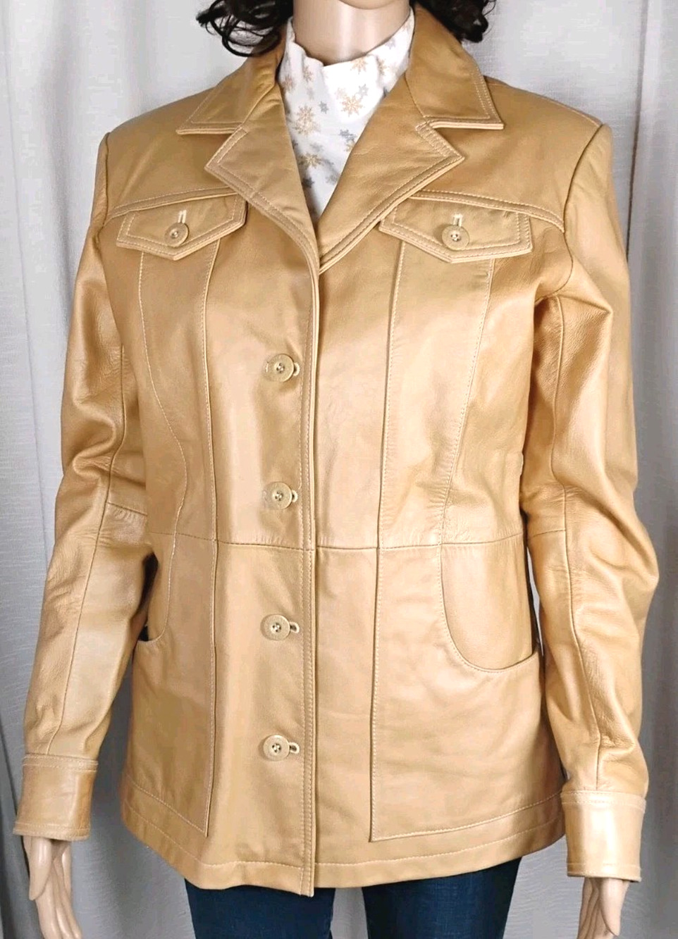 Wilsons Maxima Leather Jacket Tan Cognac Button Front Classic Womens Medium Y2K